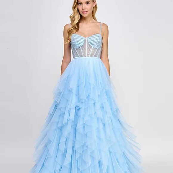 Say Yes Juniors' Rhinestone-Embellished Bustier Ball Gown Powder Blue Size 3/4 - Picture 1 of 5